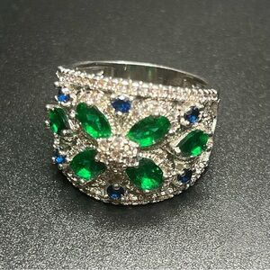 Sterling Silver Emerald Green & Blue CZ Wide Statement Ring Size 9